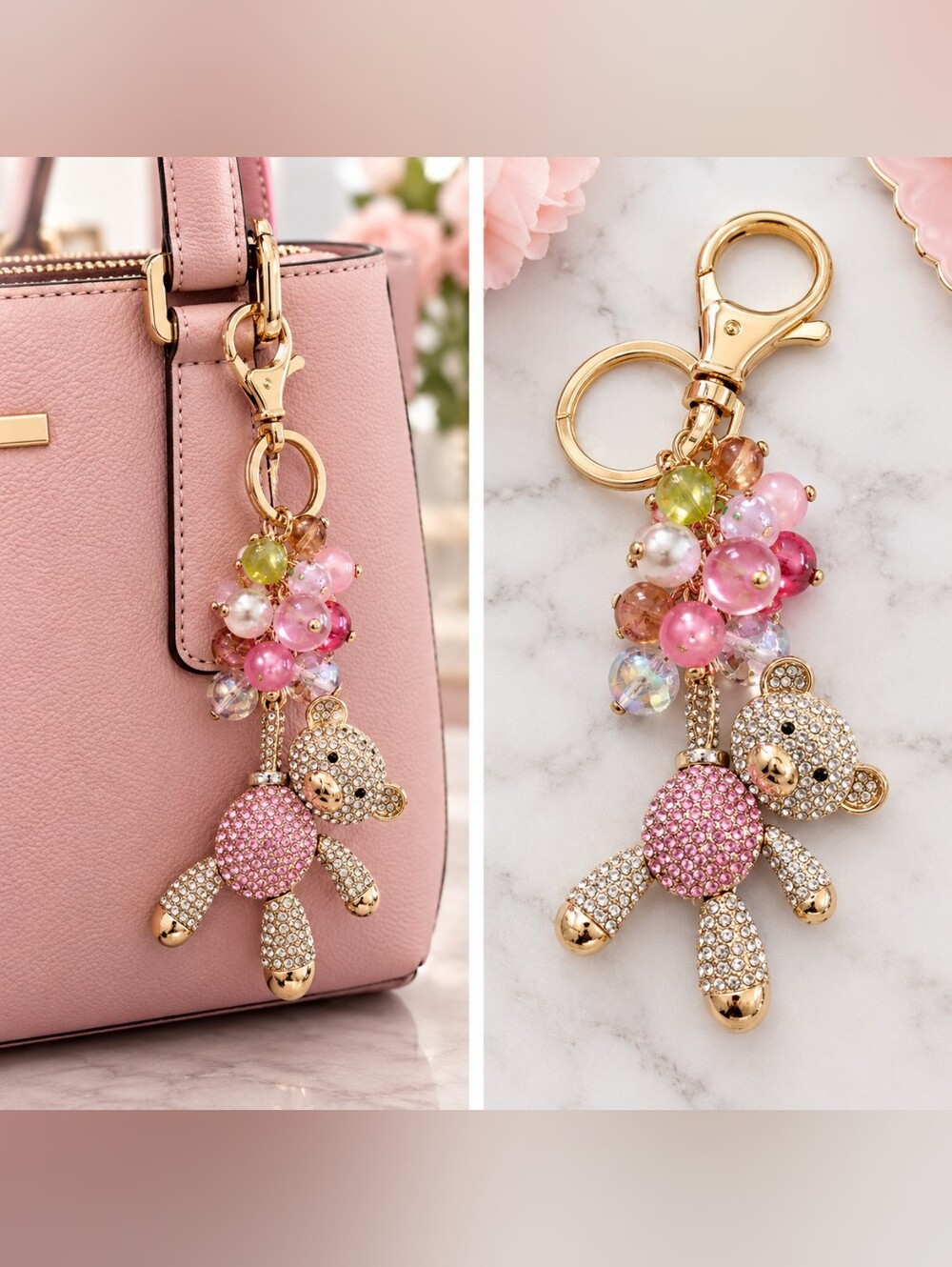 Piper K Pink Crystal Teddy Bear Bag Charm with Multicolor Beads